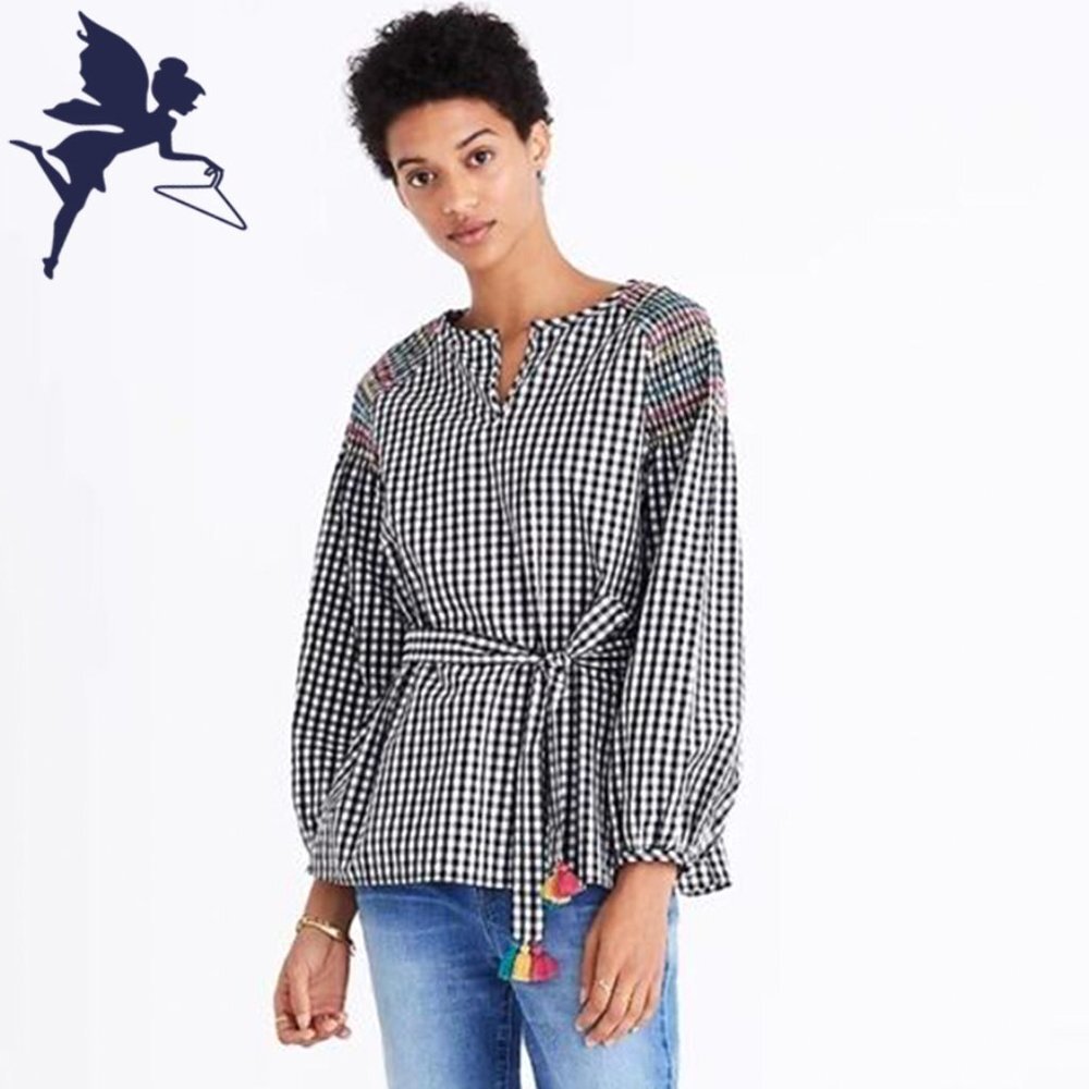 MADEWELL Smocked and Embroidered Shoulder Gingham Peasant Tassel Tie Waist Top